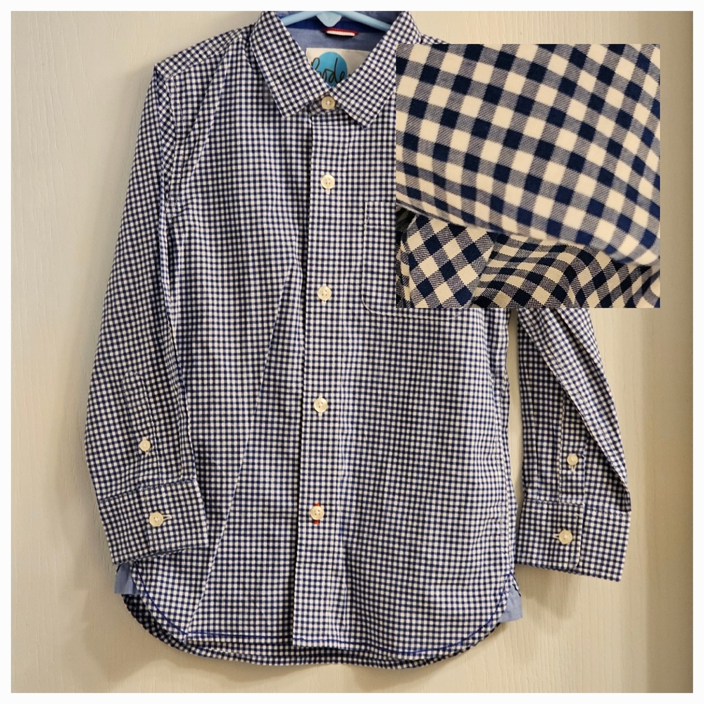 Mini Boden Button Down Shirt Oxford Shirt Blue & White Gingham Boy's Size 6-7Y